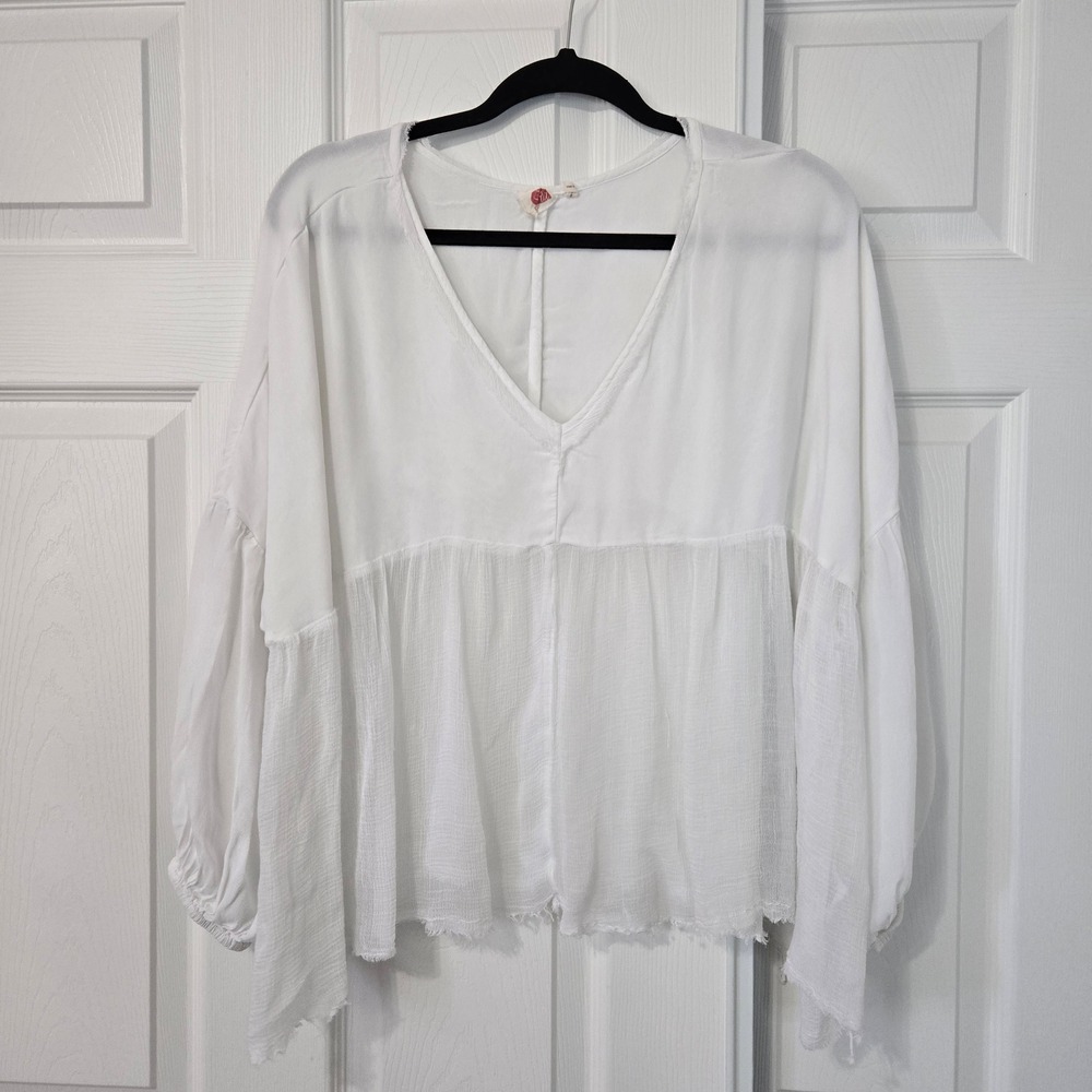 Lilka Anthropologie White Mixed Media V-Neck Balloon Sleeve Boho Blouse Medium